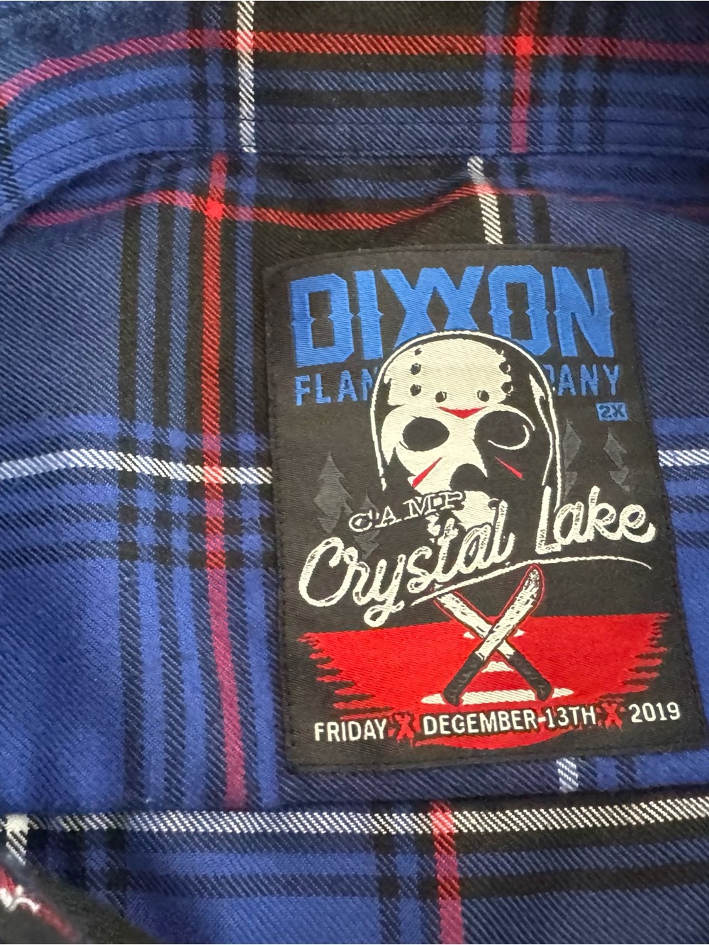 DIXXON Blue Plaid Mens Top with Crystal Lake Patch